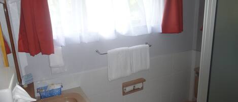 Un baño con lavamanos, espejo, toallero y retrete.