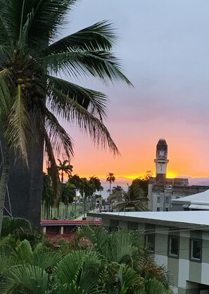 A sunset view with palm trees and a clock tower.