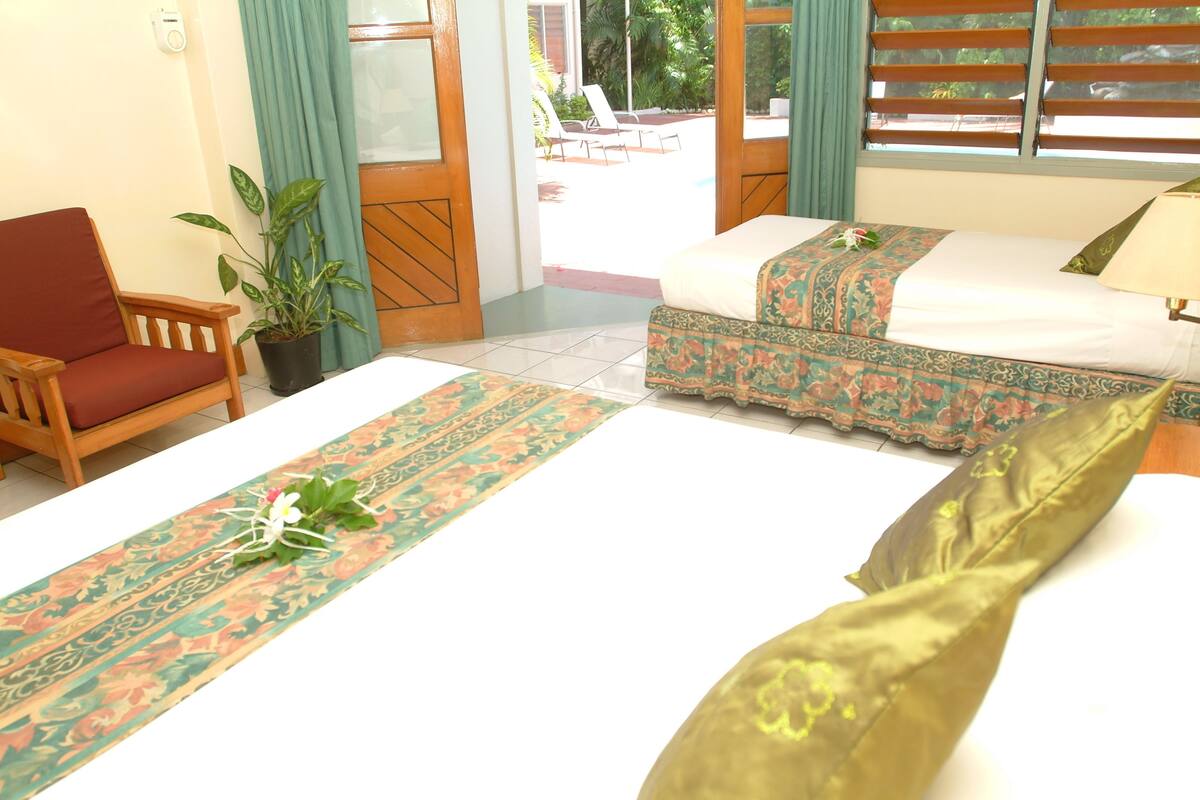 A hotel room with a bed, a chair, a potted plant, and a view of the outside.