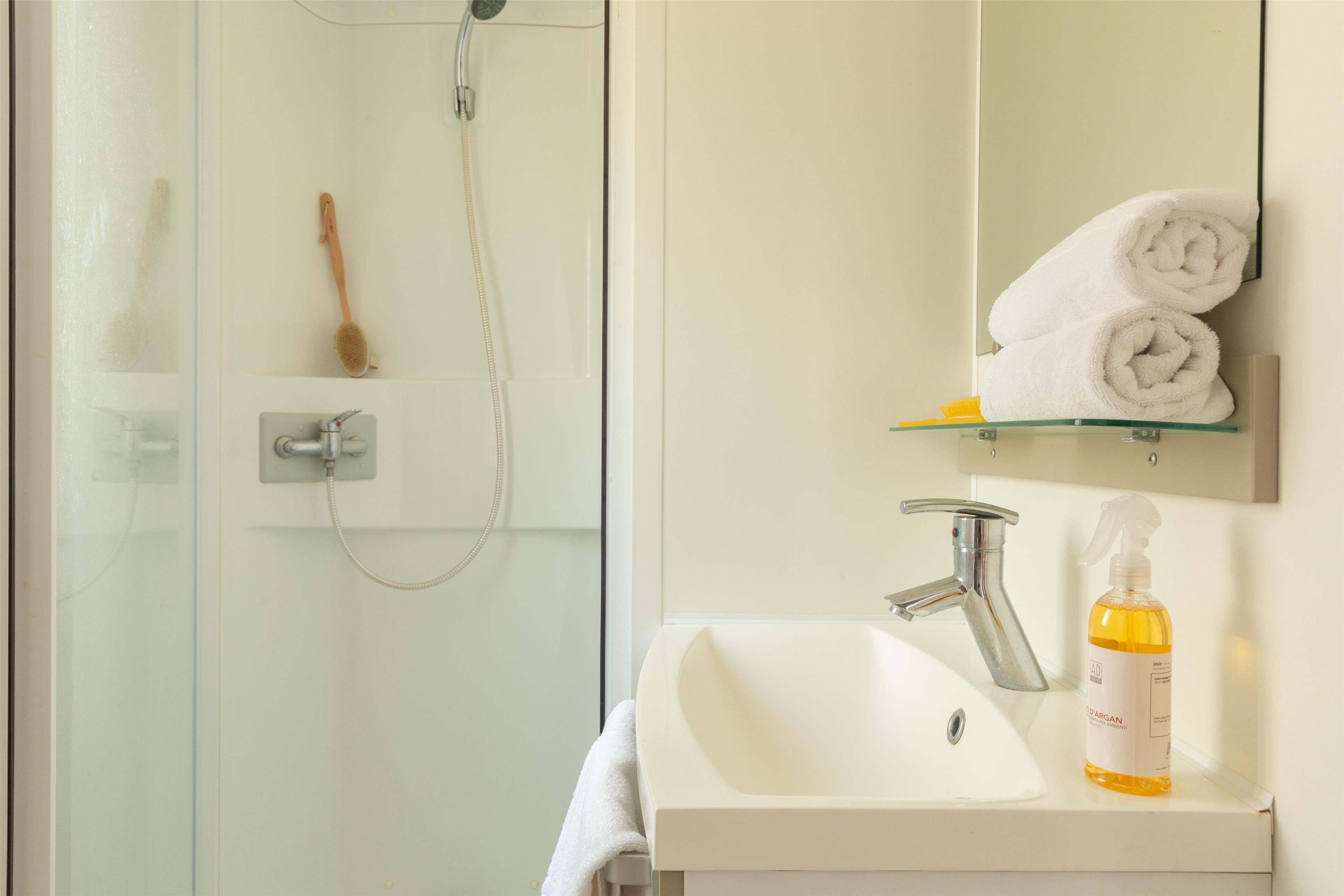 Baño con cabina de ducha de vidrio, un lavabo blanco y un espejo sobre él. Hay dos toallas enrolladas en un estante y una botella de jabón líquido en el lavabo.