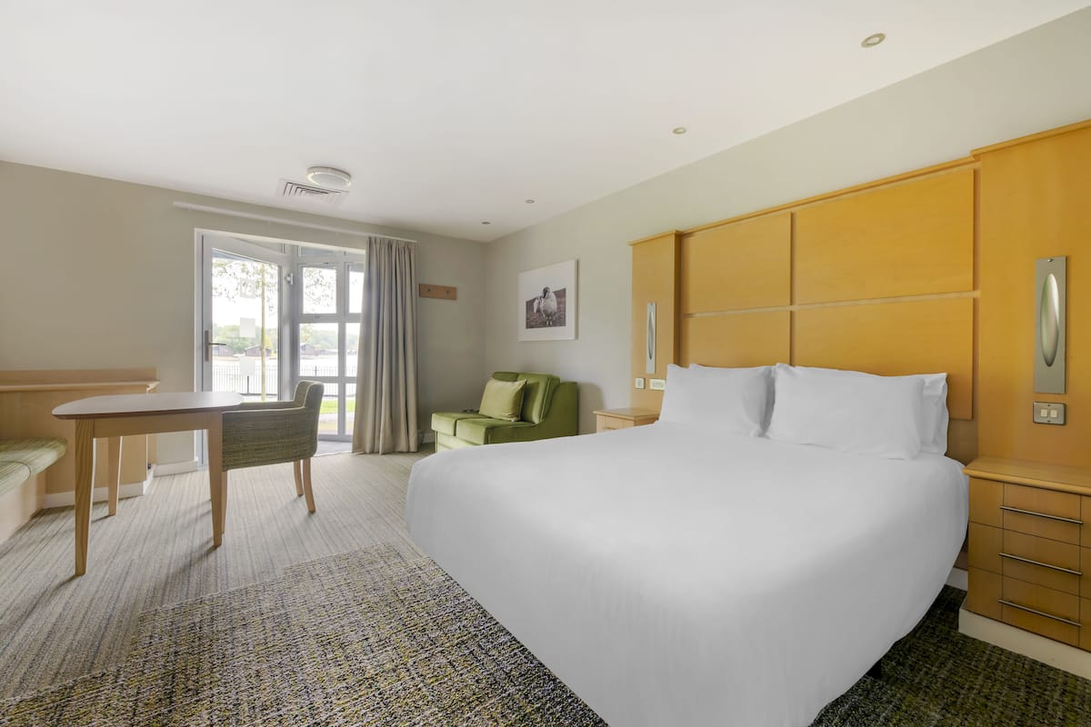 Una habitación de hotel con una cama grande, un escritorio, una silla y un sofá.