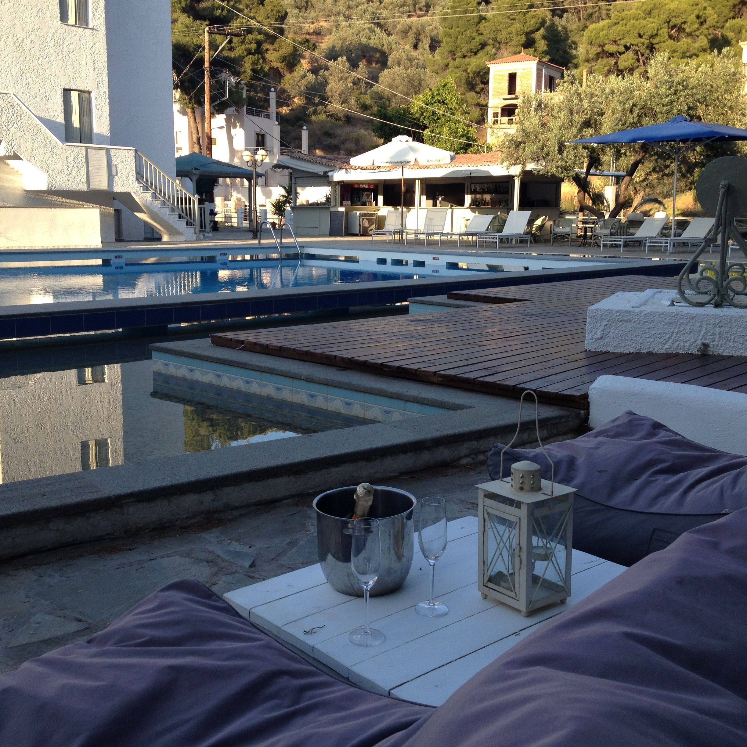 Seasonal outdoor pool, pool umbrellas