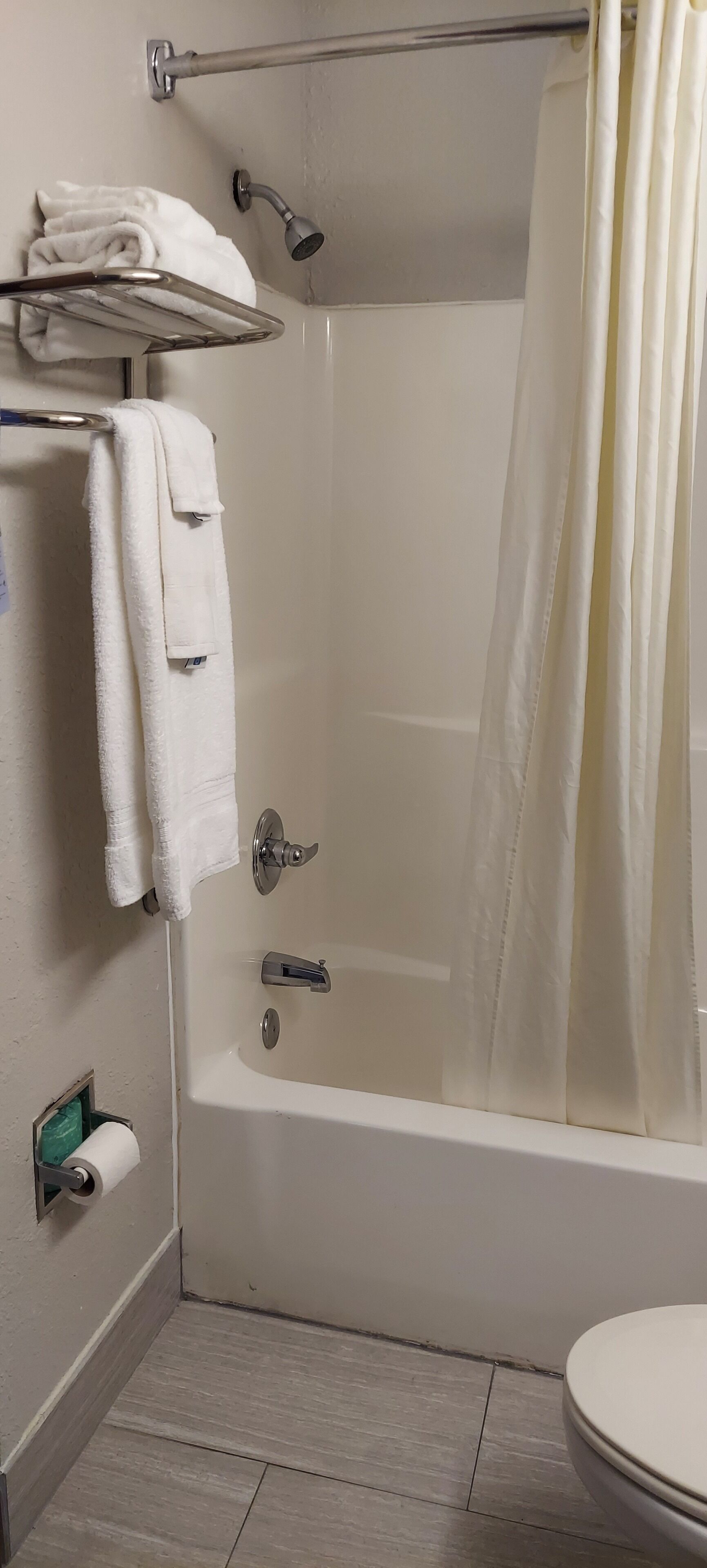 A bathroom with a bathtub, a toilet, and a shower area.