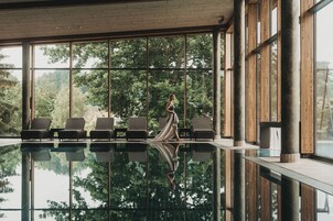 Indoor pool, outdoor pool, pool umbrellas, sun loungers