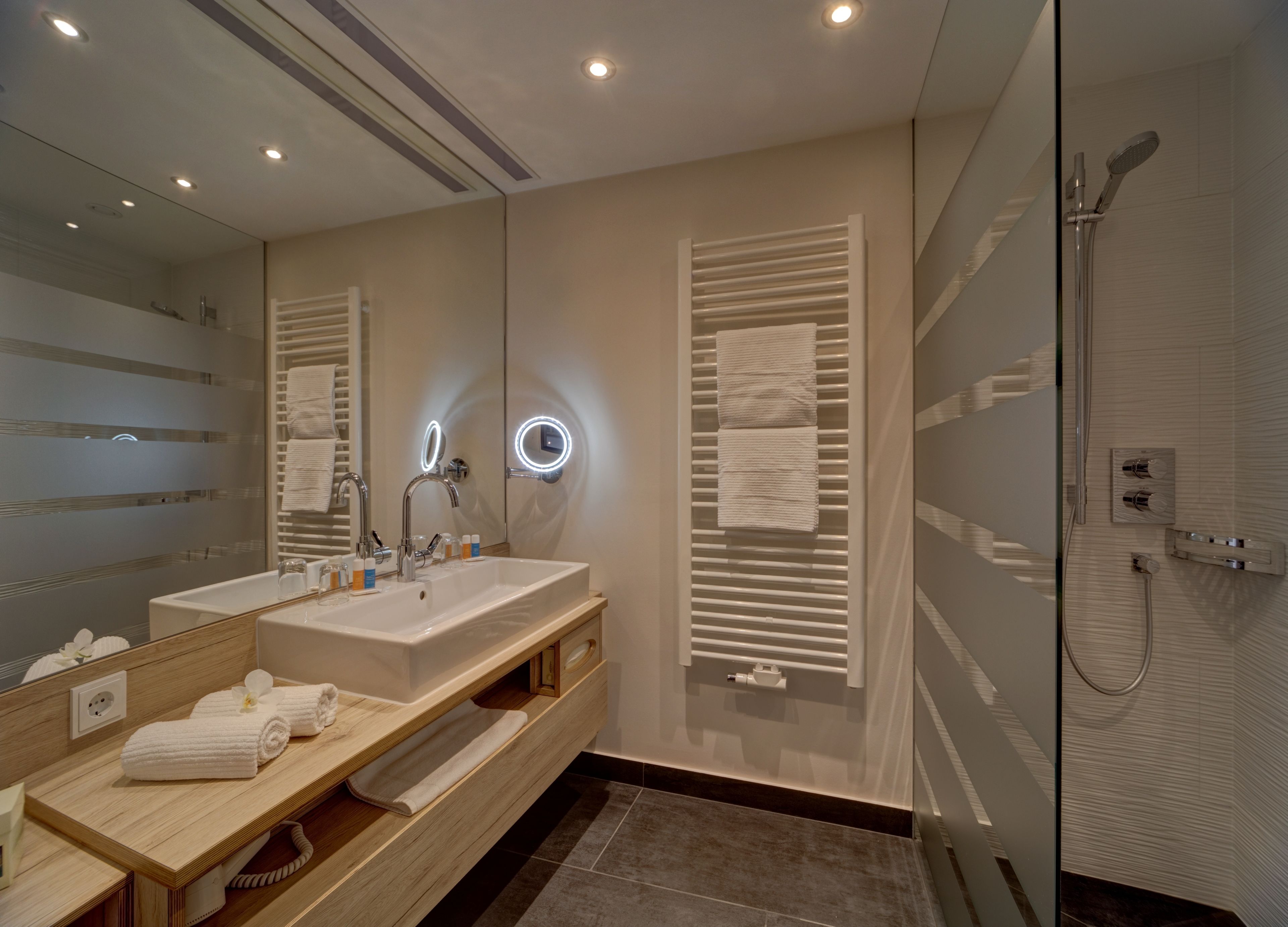 superior double room (josefi) | bathroom | shower, hair dryer, bathrobes, towels