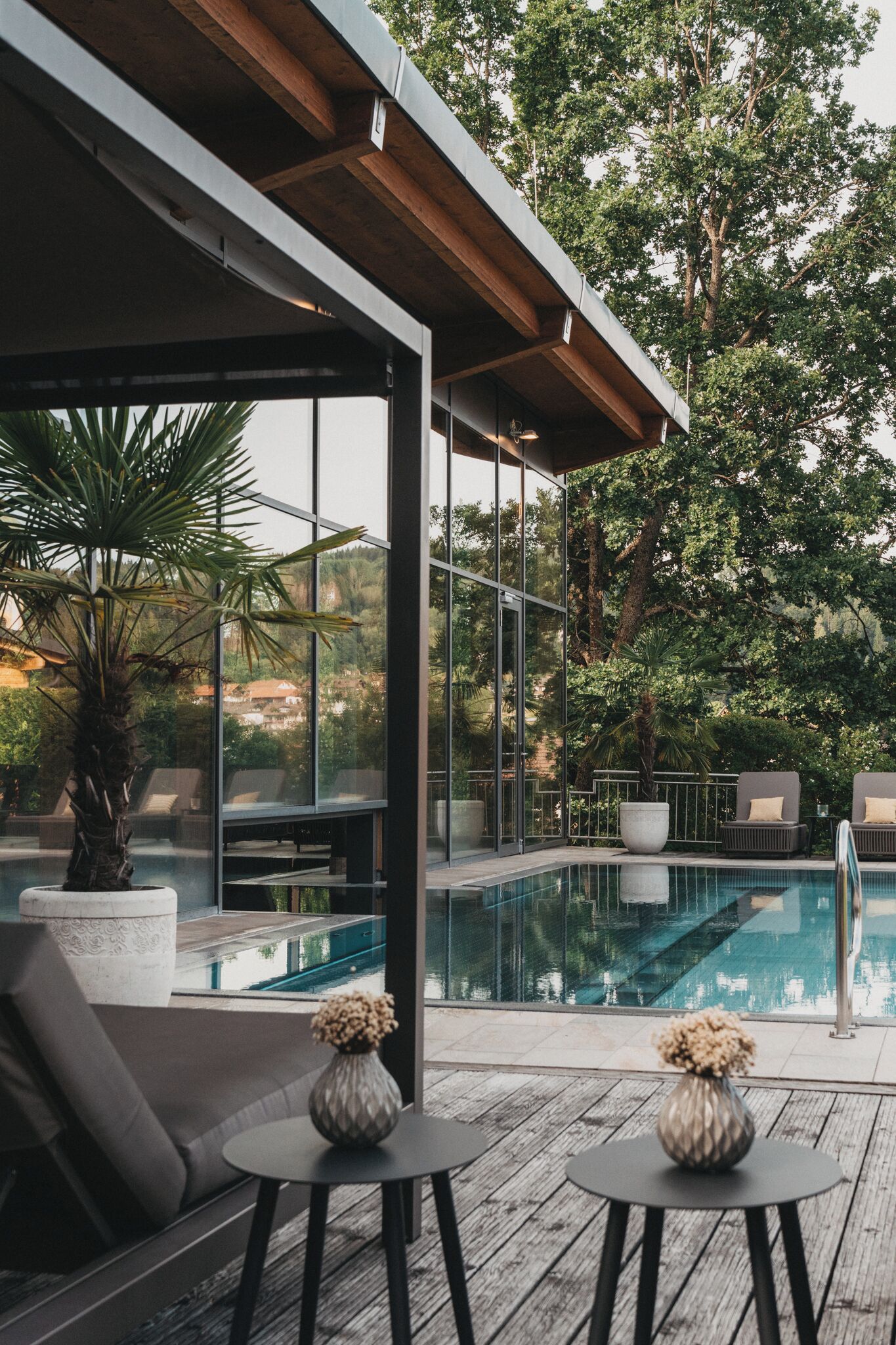 Indoor pool, outdoor pool, pool umbrellas, pool loungers