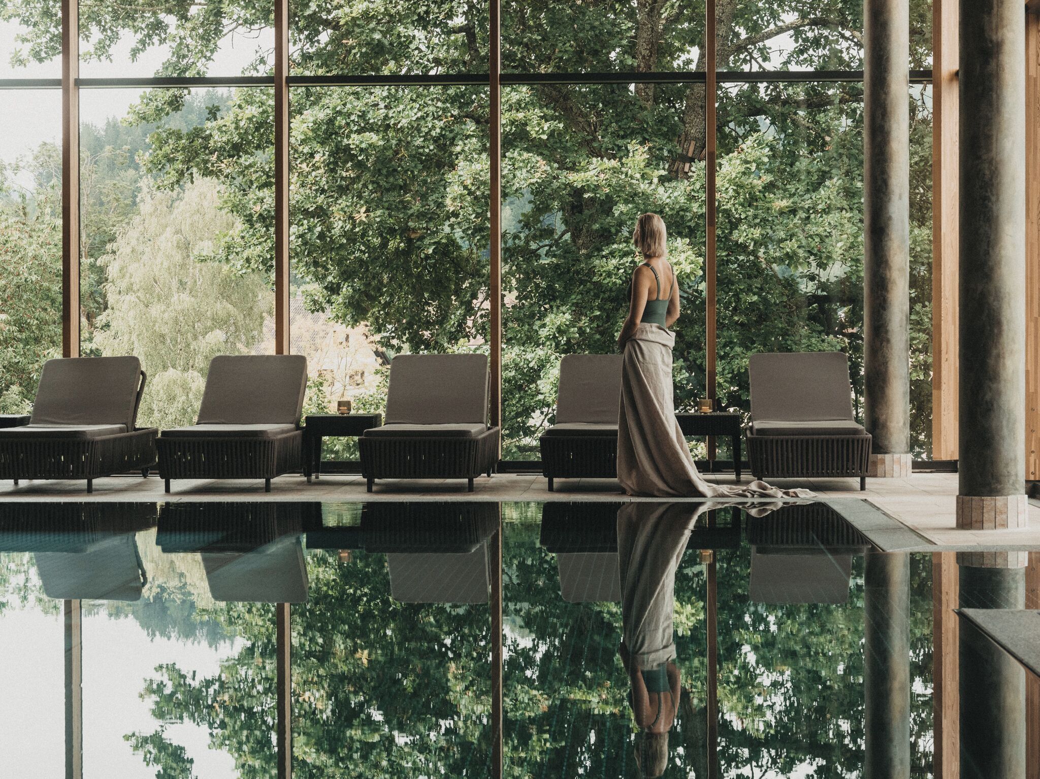 indoor pool, outdoor pool, pool umbrellas, pool loungers