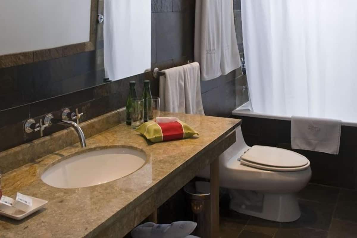 combined shower/bathtub, deep-soaking bathtub, designer toiletries