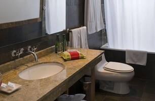 Un baño con lavamanos, espejo e inodoro.