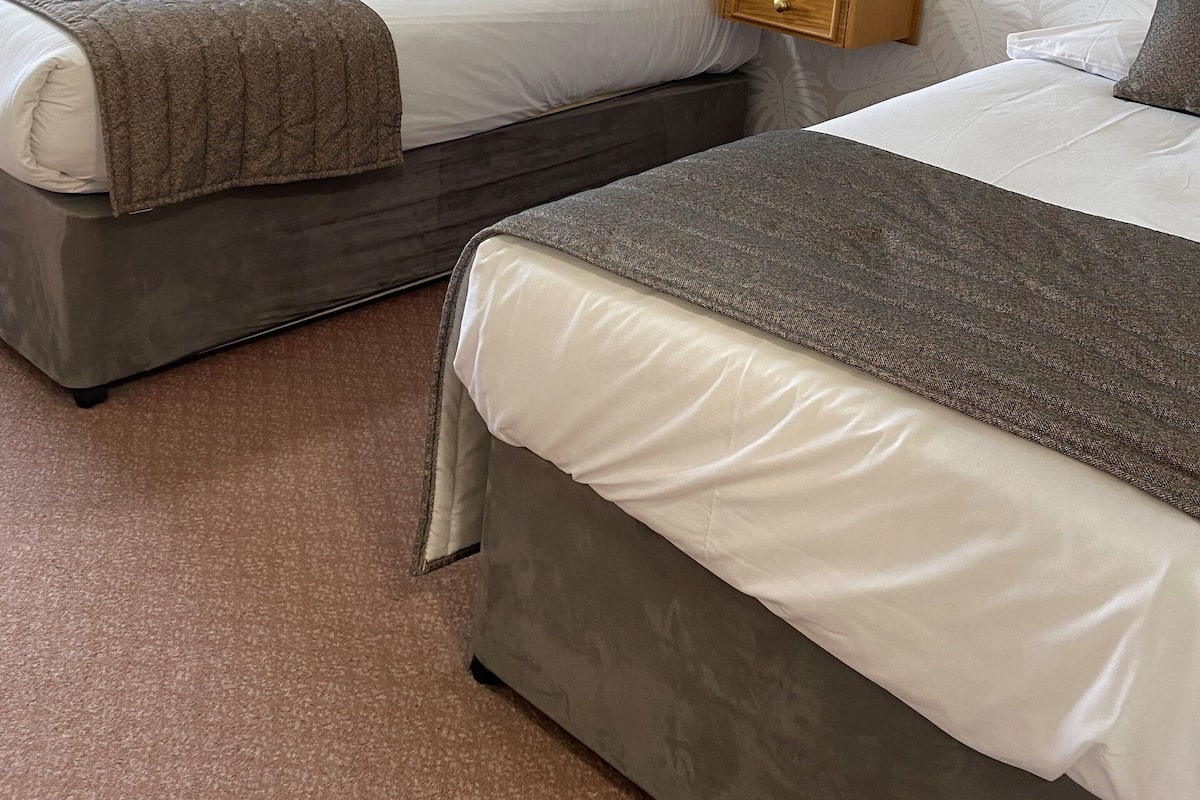 A hotel room with two beds, a wooden headboard, a nightstand, a wardrobe, and a framed picture on the wall.