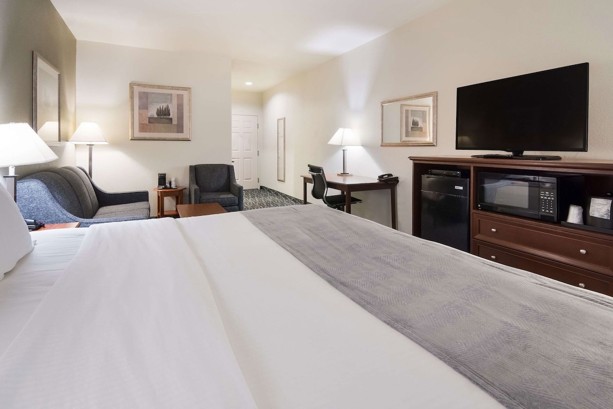 Una habitación de hotel con una cama grande, un escritorio, una silla, un televisor y un microondas.