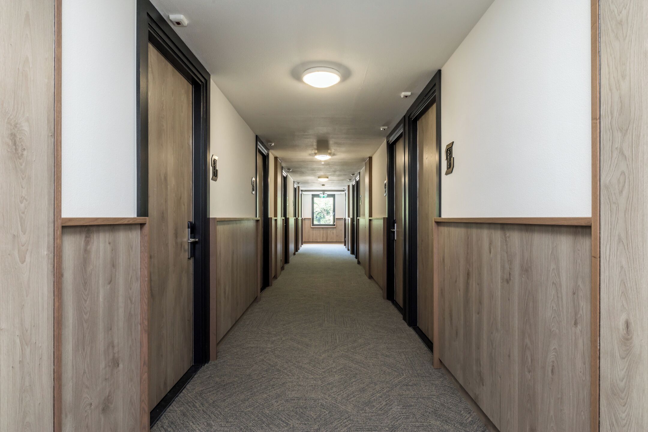 Un pasillo largo y estrecho con paneles de madera en las paredes y puertas, que conduce a una habitación luminosa al final.