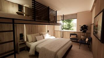 Deluxe kamer | Een kluis op de kamer, een bureau, een laptopwerkplek