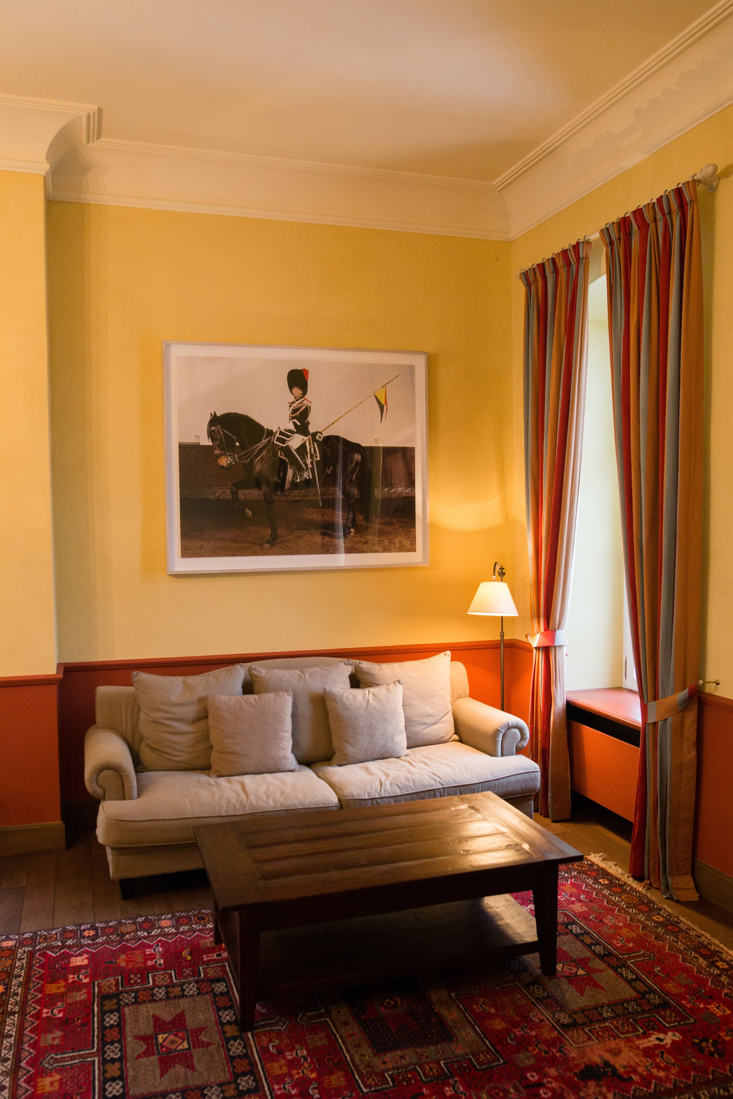 A living room with a sofa, a coffee table, a patterned rug, a framed picture on the wall, and a window with curtains.
