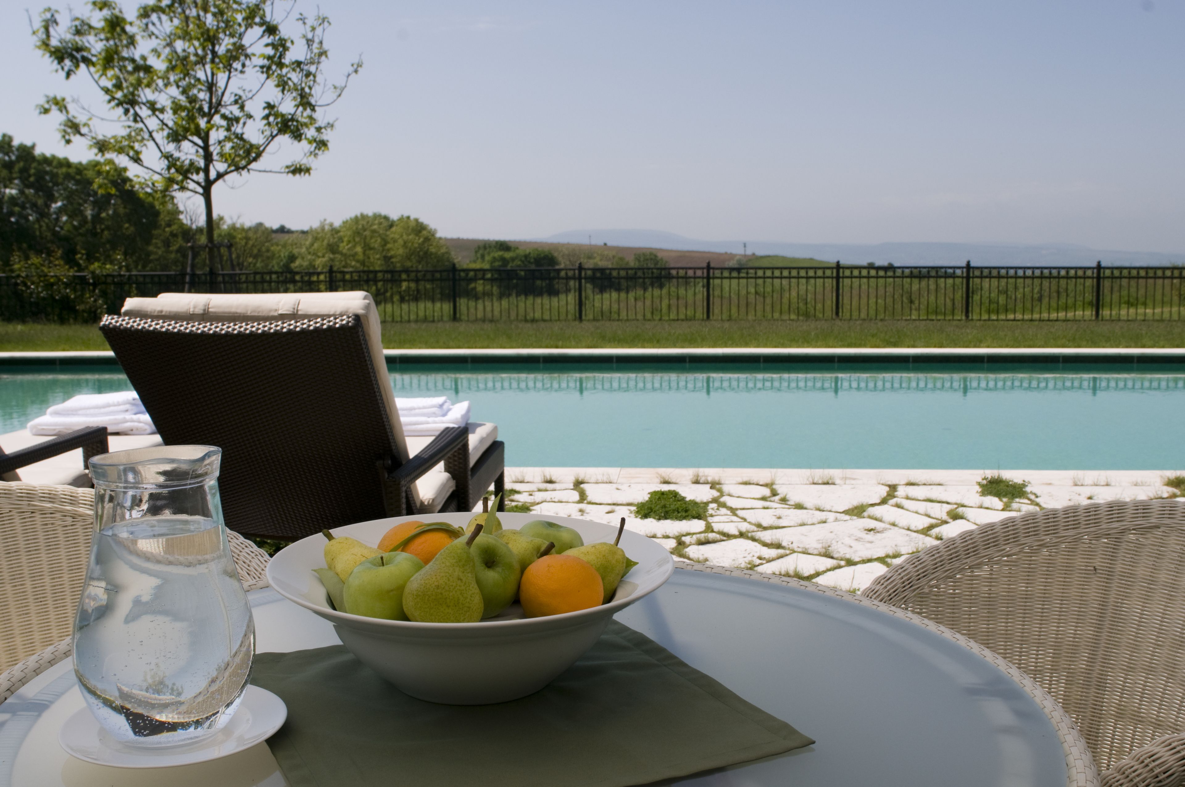 Outdoor pool, pool umbrellas, sun loungers