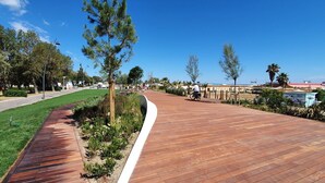Uma passarela pavimentada com uma borda de madeira, rodeada por vegetação e árvores.