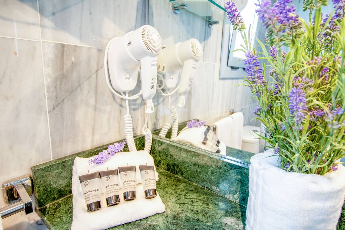 free toiletries, hair dryer, towels