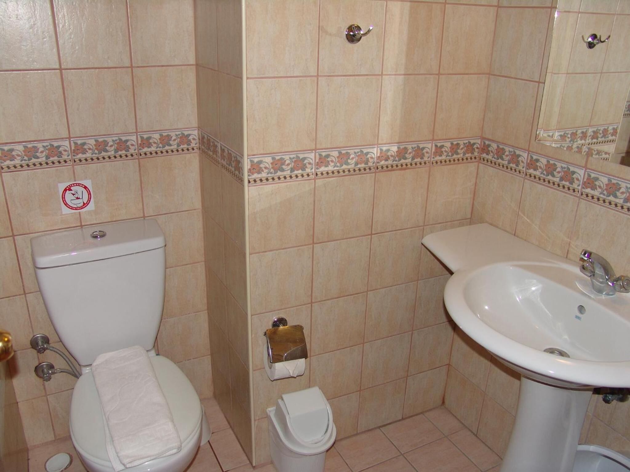 A bathroom with a toilet, sink, and a small trash bin.