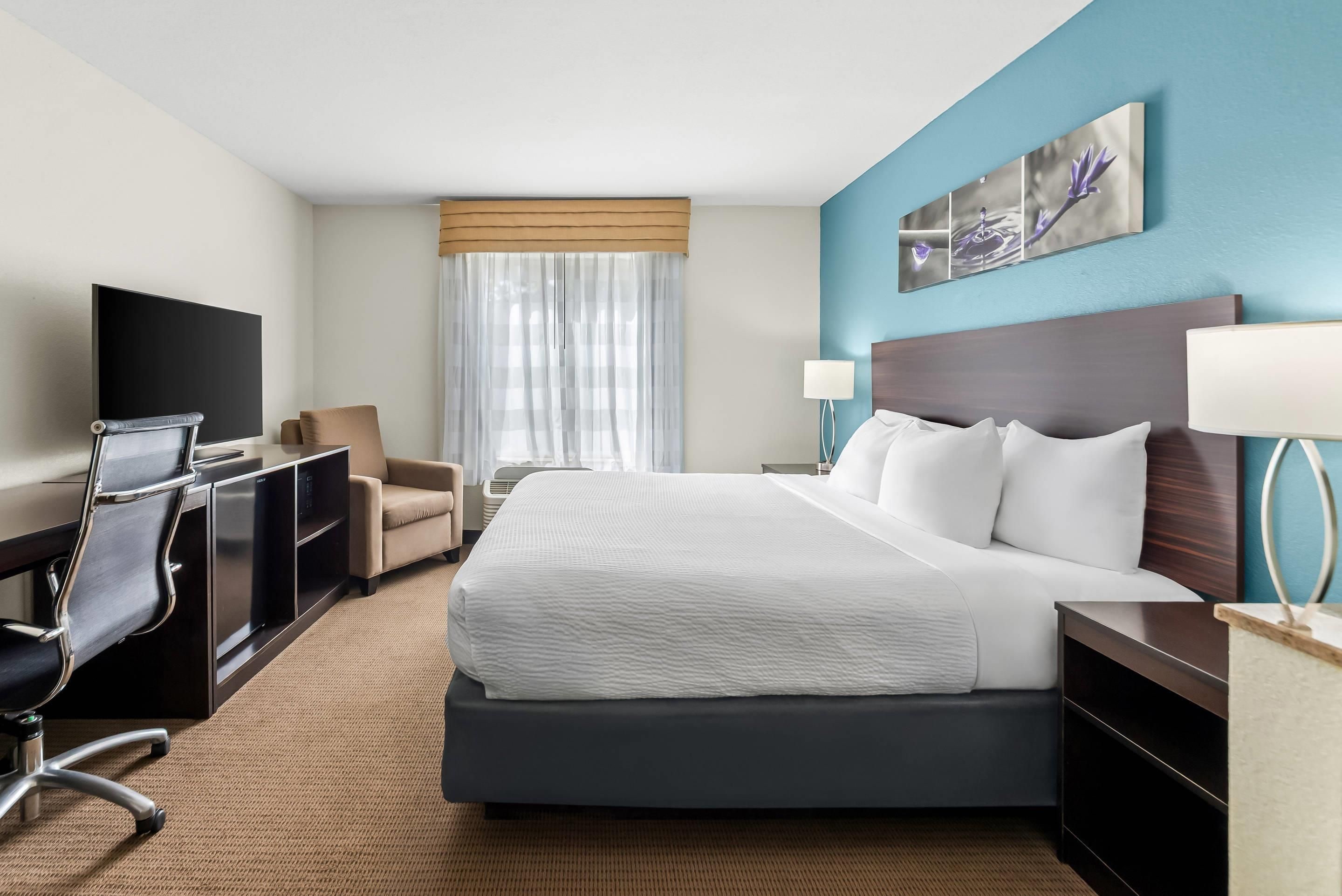 A hotel room with a bed, desk, chair, television, and artwork on the wall.