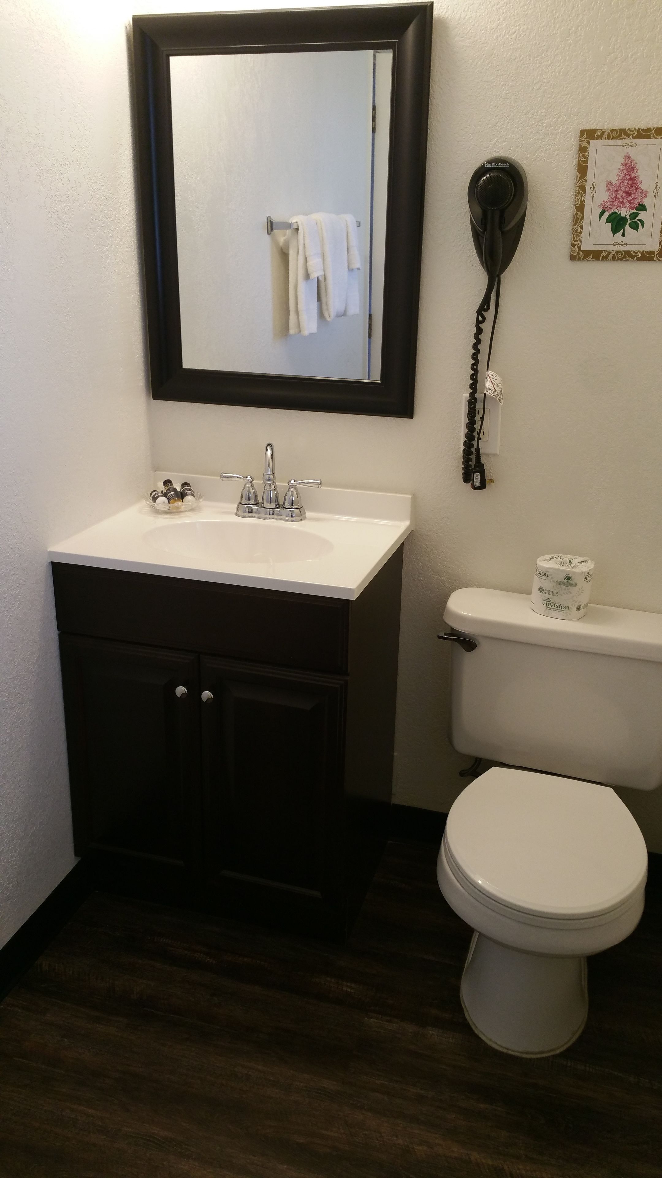 A bathroom with a white sink, dark cabinets, a toilet, a mirror, and a framed picture on the wall.