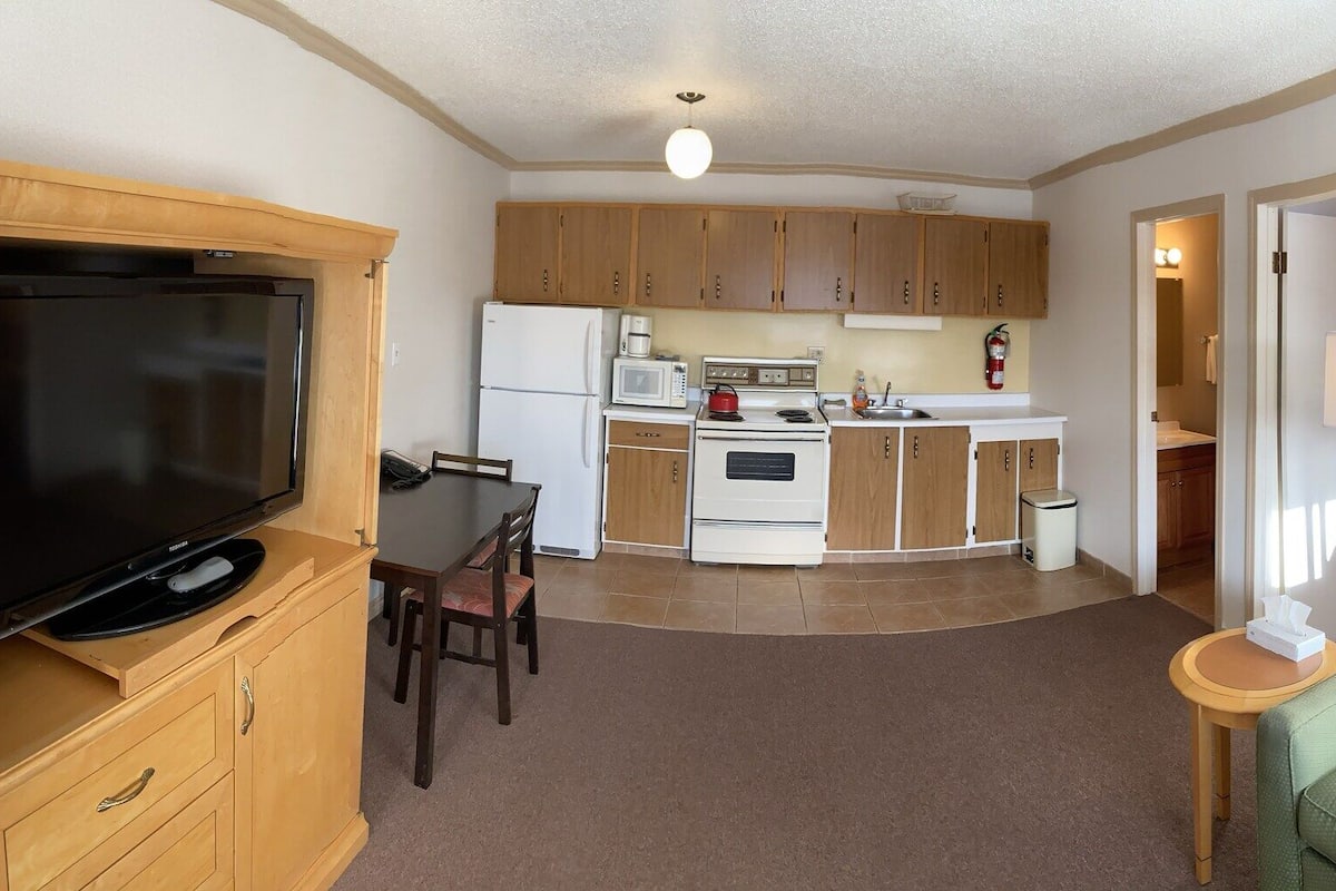 A compact living space with a kitchenette, a television, a sofa, and a window with curtains.