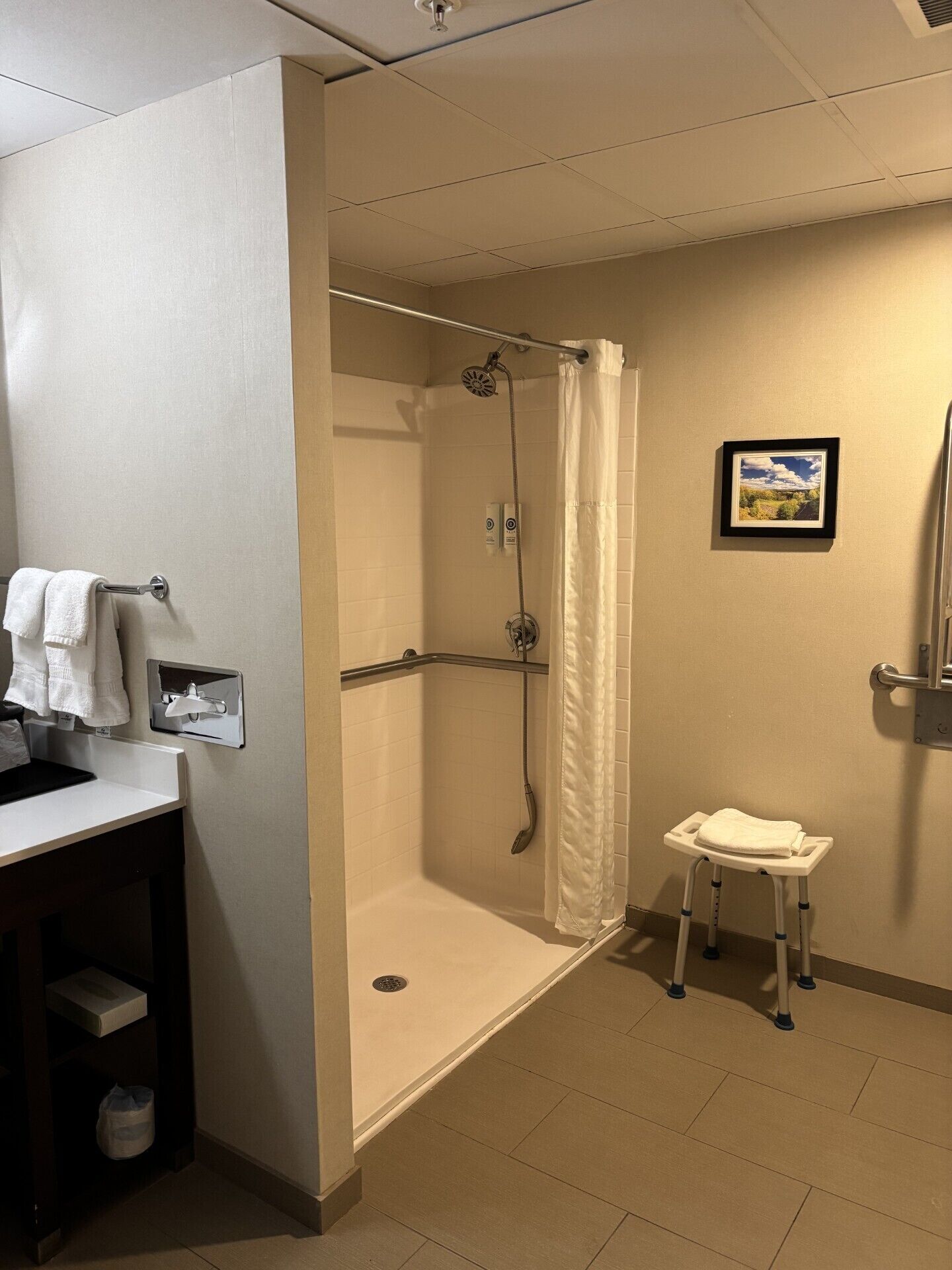 A bathroom with a shower, a toilet, and a sink.
