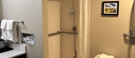 A bathroom with a shower, a toilet, and a sink.