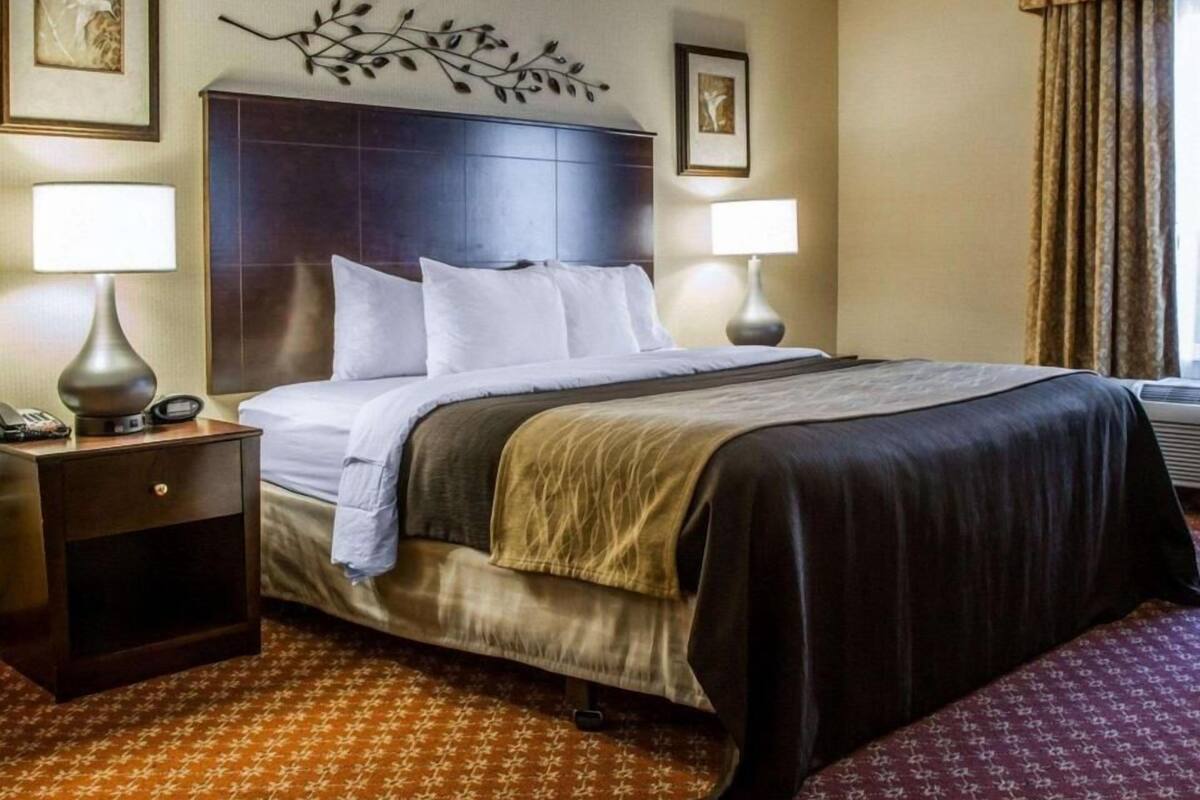 Une chambre d’hôtel comprenant un lit, deux lampes de chevet, une table de chevet, un élément décoratif mural et une fenêtre avec des rideaux.