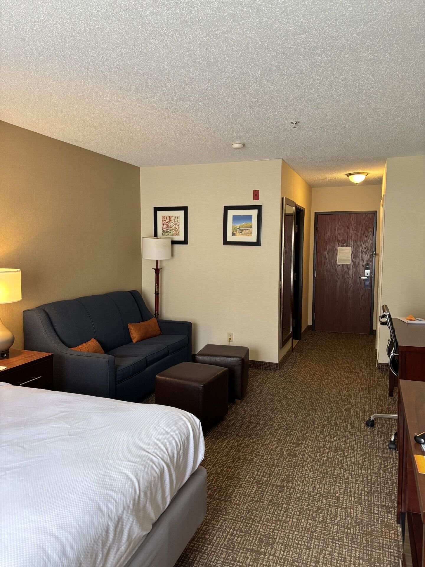 Una habitación de hotel con cama, sofá, escritorio, lámpara y dos cuadros en la pared.