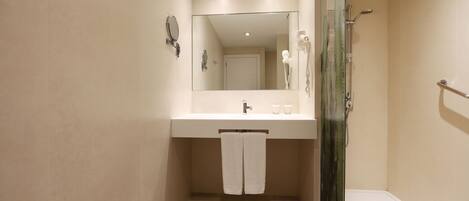 A modern bathroom with a glass shower enclosure, a white sink, and a large mirror.