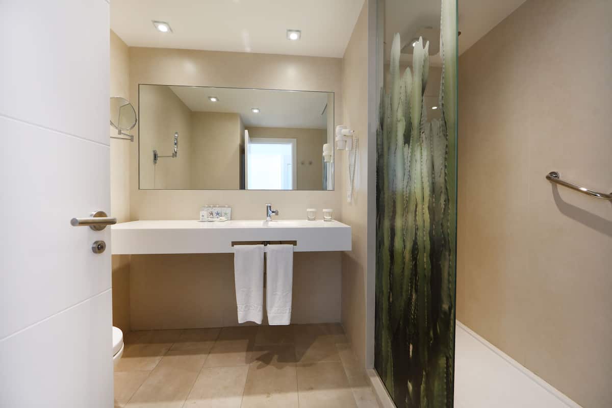 shower, eco-friendly toiletries, hair dryer, towels