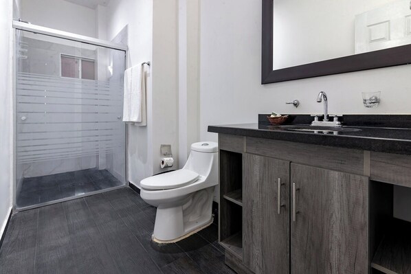 A modern bathroom with a glass shower enclosure, a white toilet, and a dark wood vanity with a mirror. - European Life Style Executive Suites & Gallery (Zapopan)