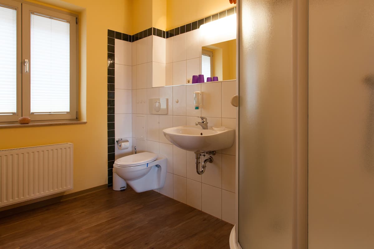 suite | bathroom | shower, hair dryer, bathrobes, towels