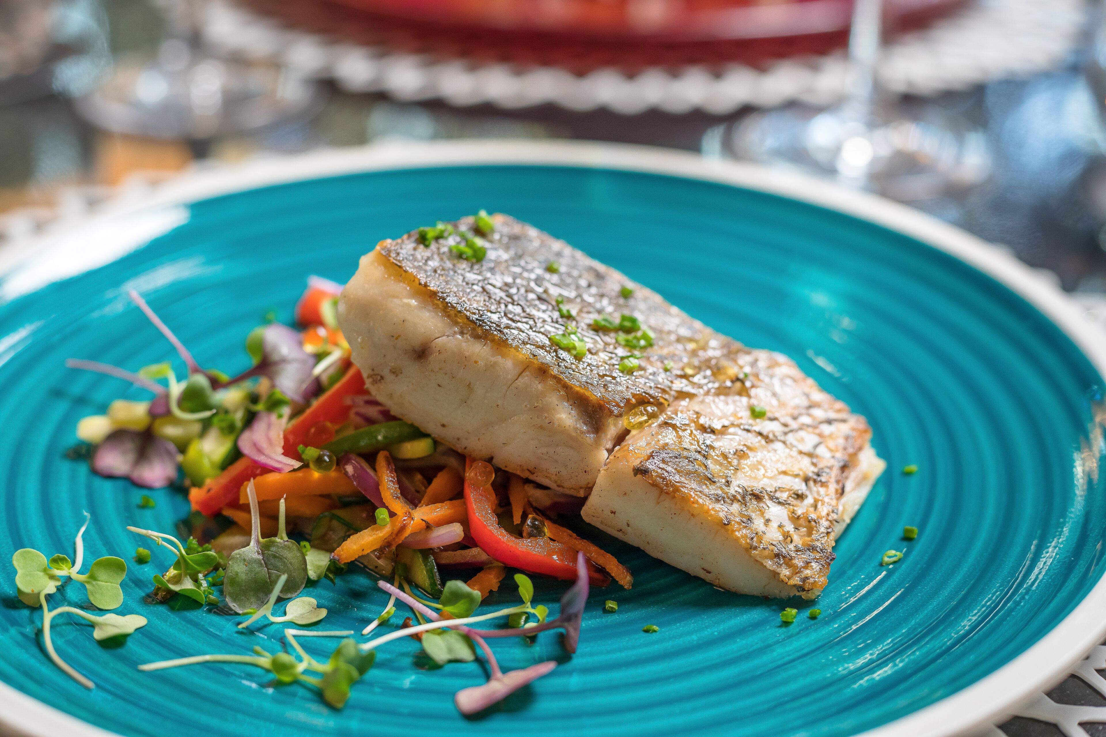 Un plato de comida con un trozo de pescado y una ensalada colorida.