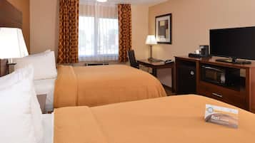 Desk, laptop workspace, blackout drapes, iron/ironing board