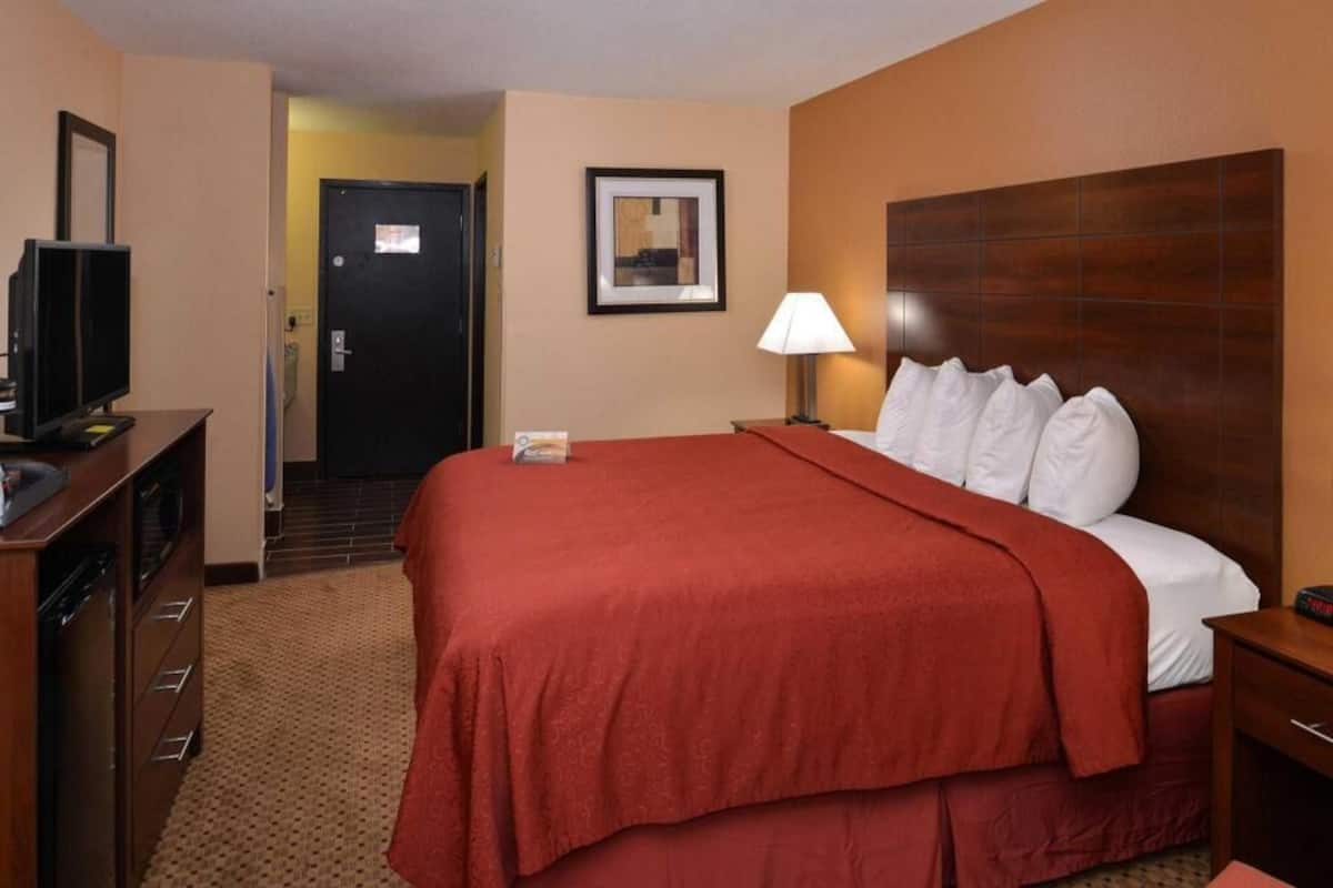 A hotel room with a bed, a television, a lamp, a dresser, and a door.