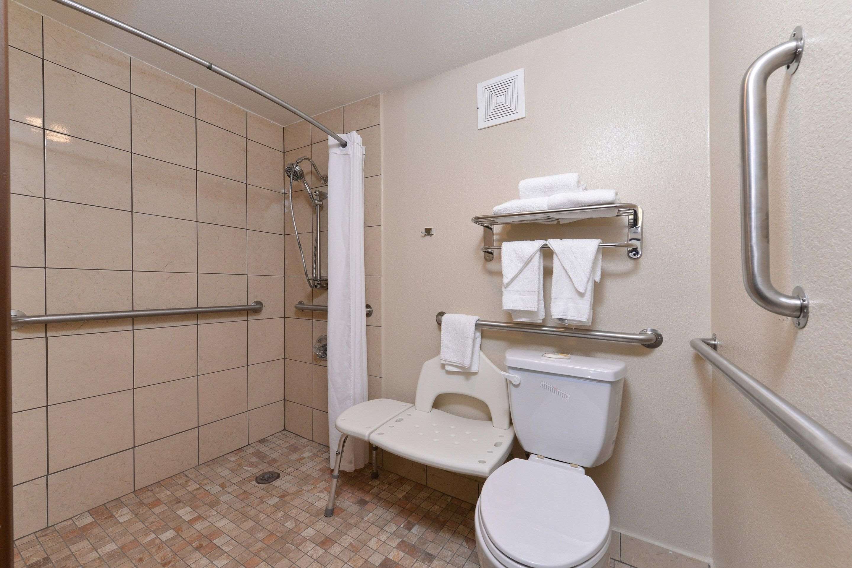 A bathroom with a shower, toilet, and grab bars.