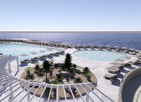 Seasonal outdoor pool, pool umbrellas, pool loungers