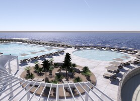 Una piscina al aire libre de temporada, sombrillas, tumbonas