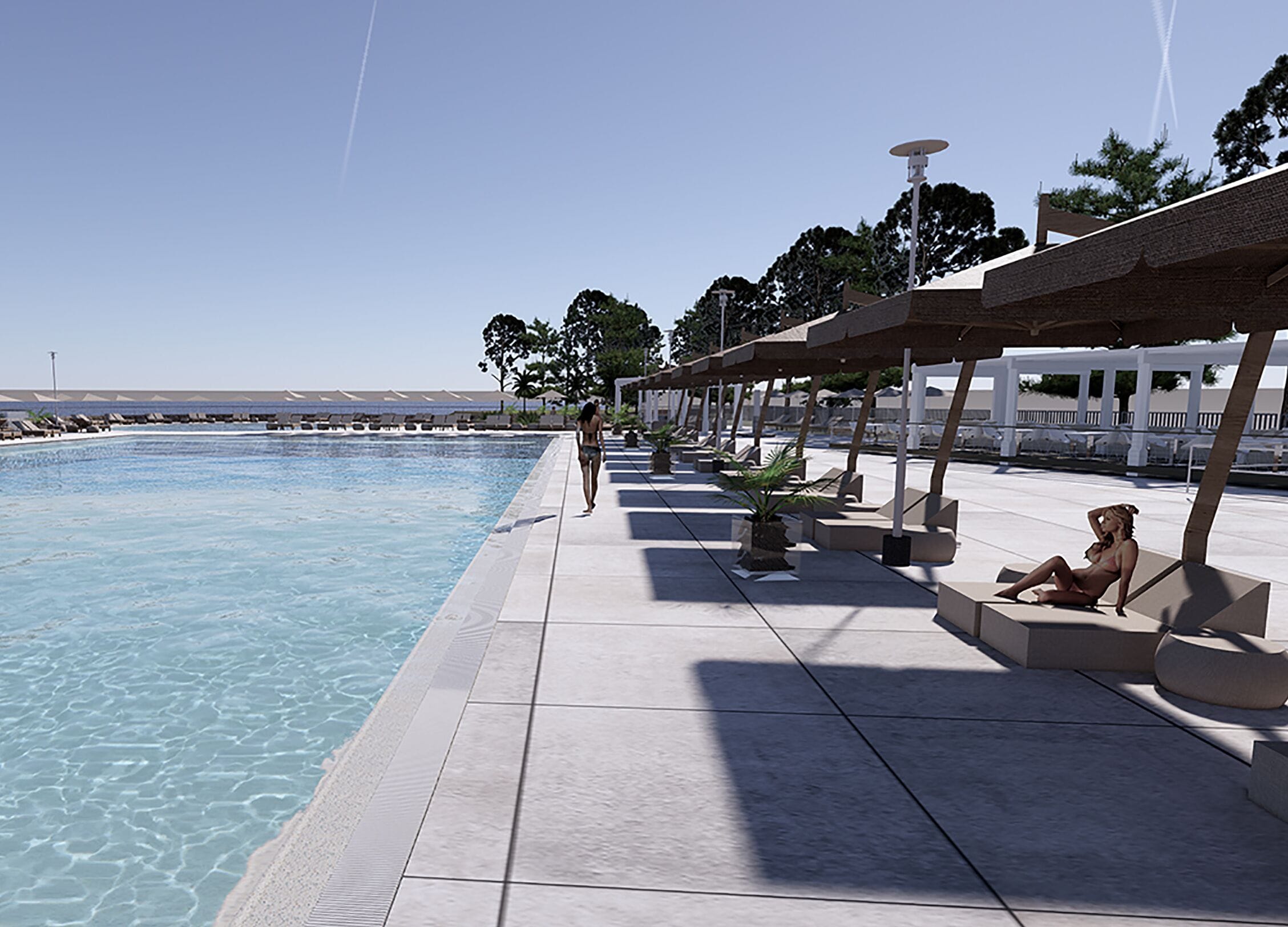 حمّام سباحة خارجي موسمي، مظلات على حمّام السباحة، مقاعد للتشمس