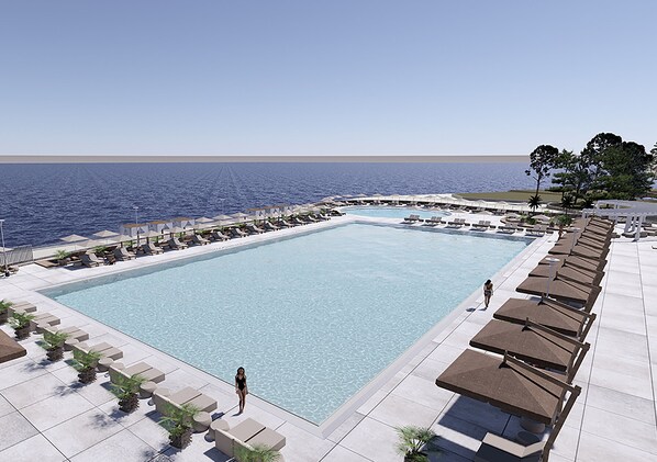 Seasonal outdoor pool, pool umbrellas, pool loungers