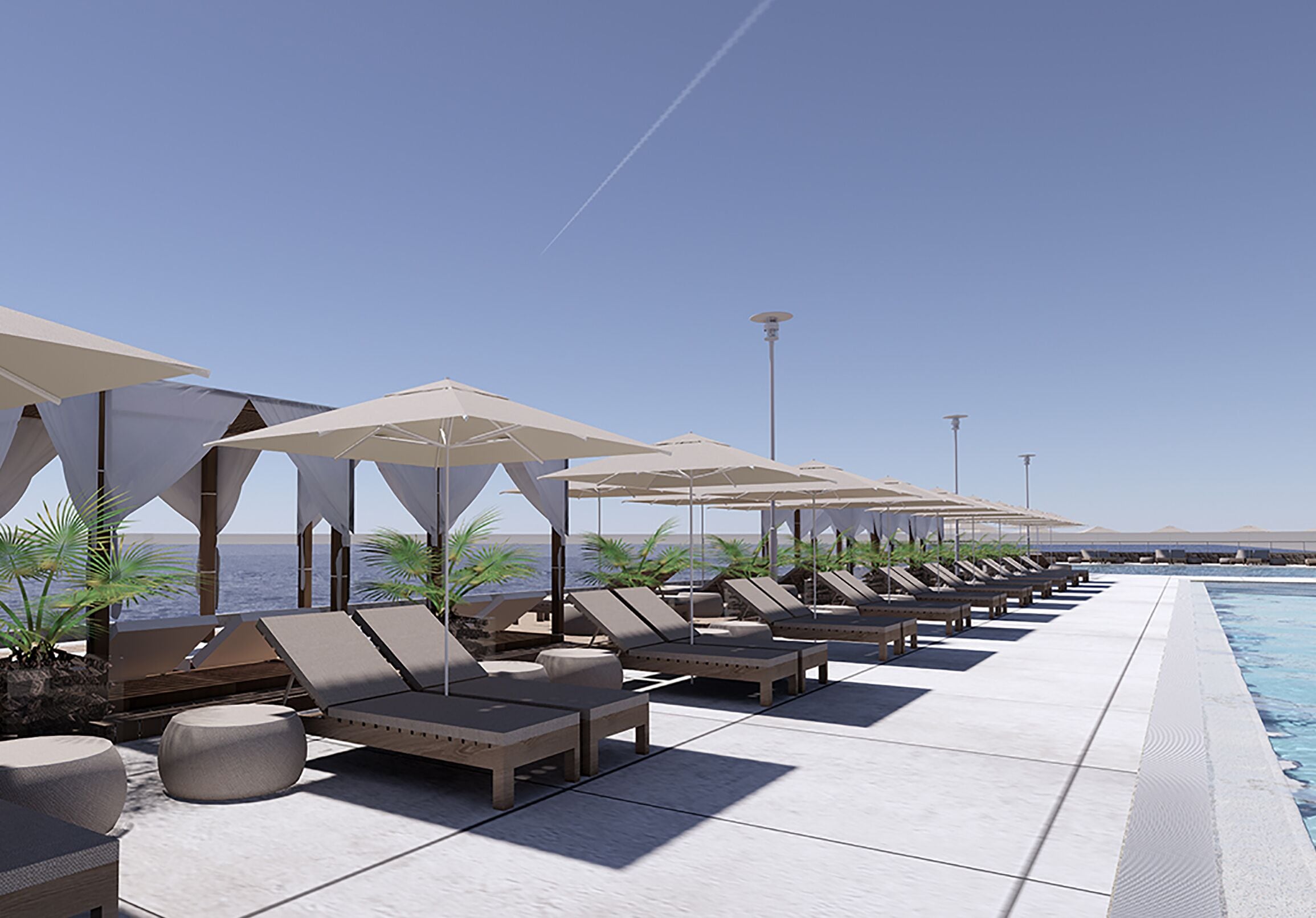 Seasonal outdoor pool, pool umbrellas, sun loungers