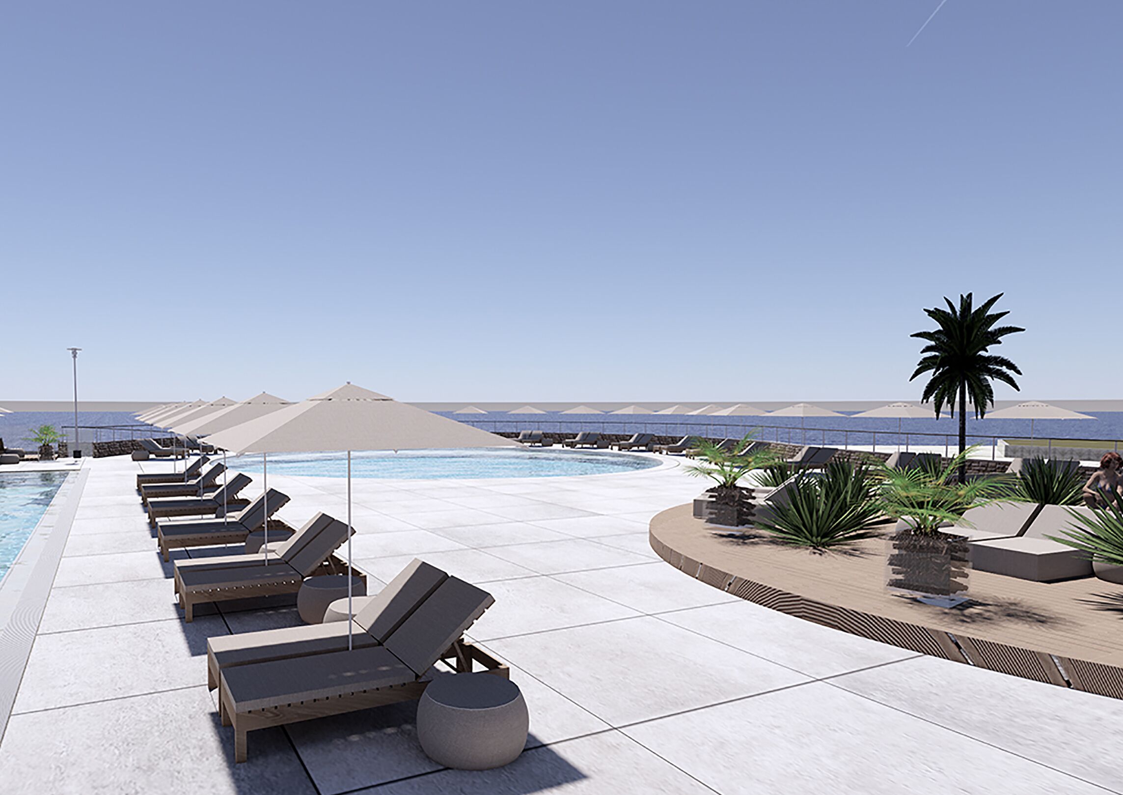 seasonal outdoor pool, pool umbrellas, pool loungers