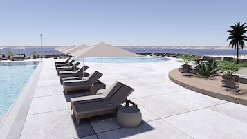 Seasonal outdoor pool, pool umbrellas, pool loungers