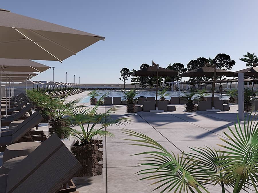 Seasonal outdoor pool, pool umbrellas, pool loungers