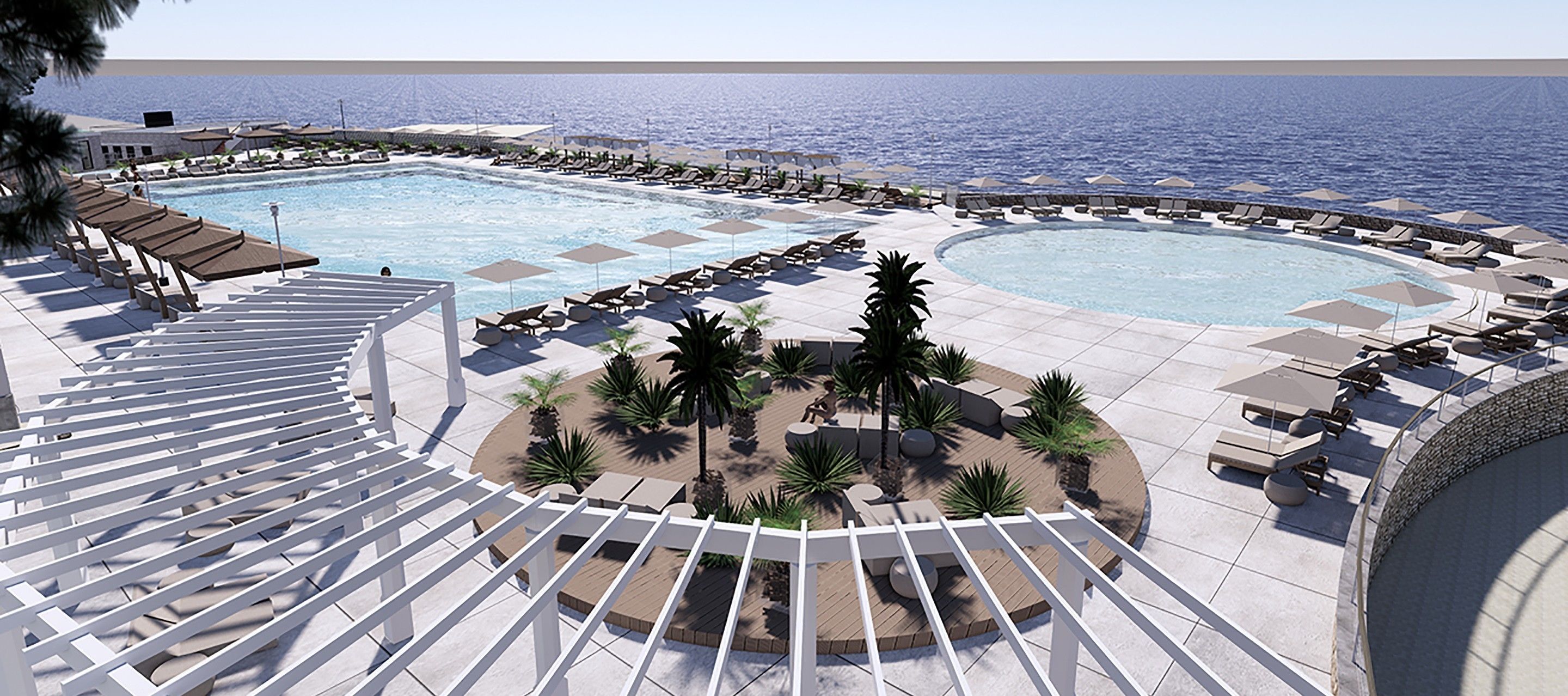 Seasonal outdoor pool, pool umbrellas, pool loungers