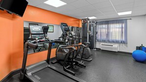 A gym with treadmills, elliptical machines, and a blue exercise ball.