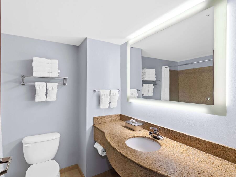 A modern bathroom with a white toilet, a granite countertop sink, and a large mirror.