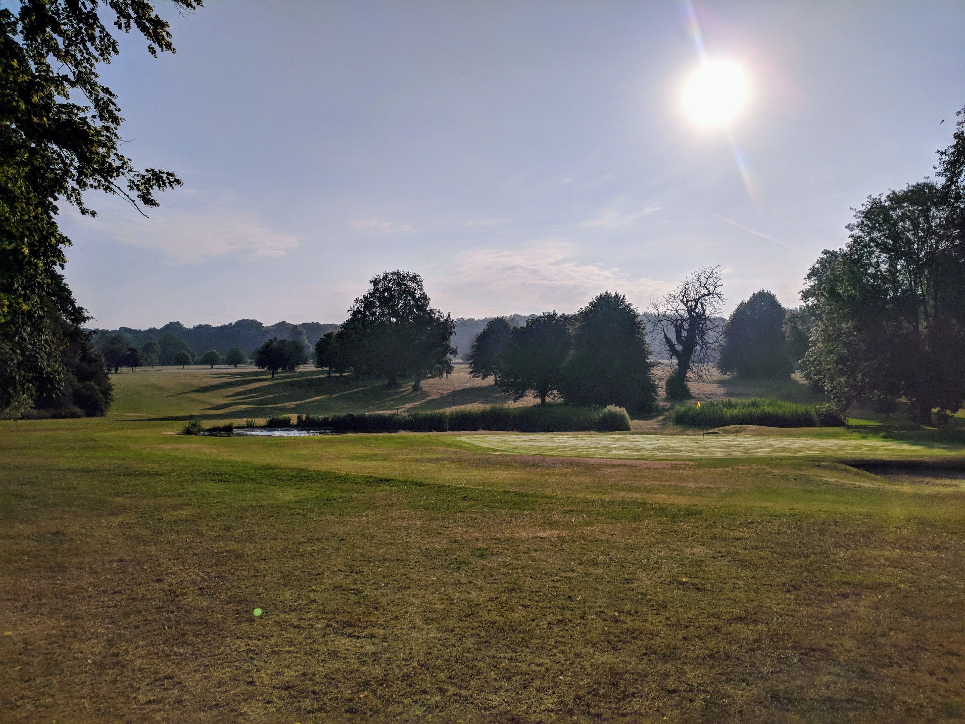 Un parcours de golf sous un ciel dégagé et ensoleillé.