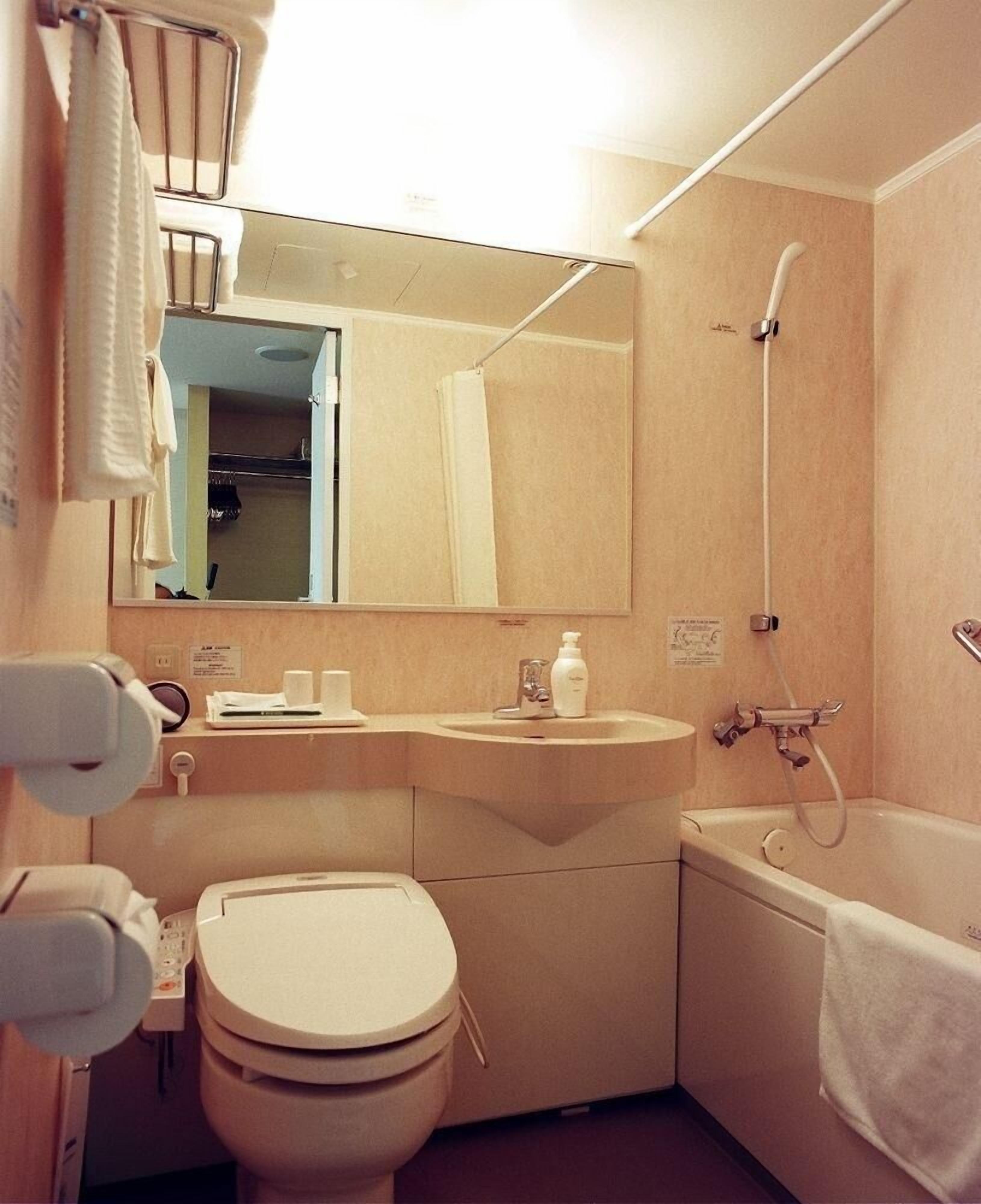 combined shower/bathtub, hair dryer, slippers, bidet